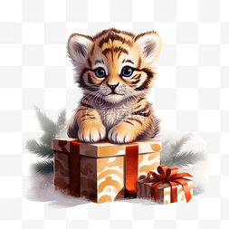 装着图片_一只可爱的小虎崽坐在圣诞树附近