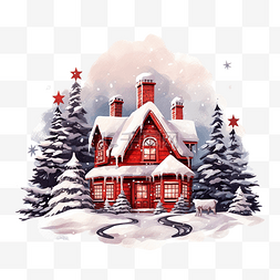 雪景夜图片_一栋红色舒适的房子，屋顶在雪中