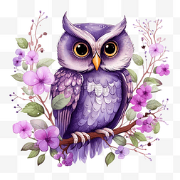 紫色猫头鹰与鲜花