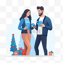 网店促销标签图片_夫妇在网上市场寻找圣诞促销优惠