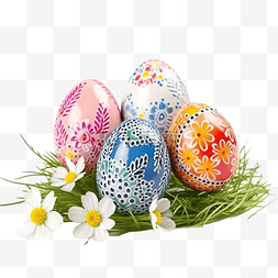 复活节组合蛋，草丛中有美丽的图