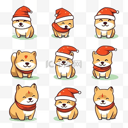 可爱的卡哇伊手绘柴犬角色与圣诞