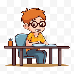 学习时坐在办公桌前戴眼镜的男孩