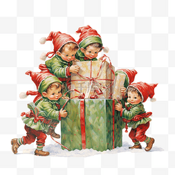 箱礼物礼物包装图片_贺卡圣诞微型精灵正在包装大礼袋