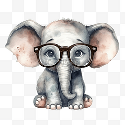 可爱水彩书呆子野象动物戴眼镜卡