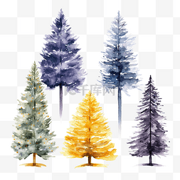 紫色蓝色和黄色新年树水彩束