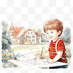 卡通漂亮小男孩图片_在阳光明媚的夏日，小男孩用水彩