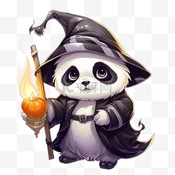 万圣节可爱的熊猫巫师，戴着帽子