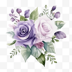 白色和紫色玫瑰水彩花束带叶子