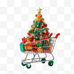 超市购物车里有装饰品的圣诞树