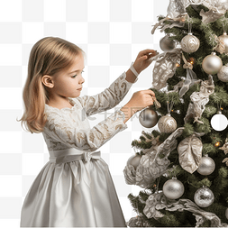 穿着漂亮裙子的小女孩在圣诞树上