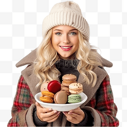 女士帽子冬季图片_戴着温暖帽子和外套拿着美味圣诞