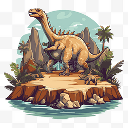 史前剪贴画岛上的卡通恐龙，有水