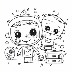 简单卡通背景视频图片_男孩和女孩用书和机器人着色页