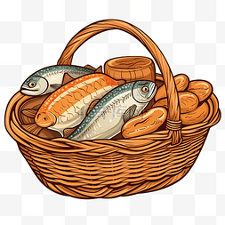 篮子里的五个面包和两条鱼插画