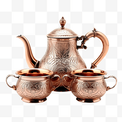 背景雕花图片_具有艺术雕花的铜茶壶和茶杯