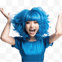 假发图片_戴着蓝色假发跳舞的快乐亚洲女孩