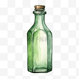 旧生锈的绿色瓶子的水彩插图