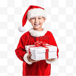 圣诞老人圣诞礼盒图片_穿着圣诞老人服装的快乐小微笑男