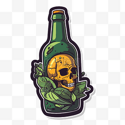 品脱啤酒瓶中的头骨与绿叶剪贴画