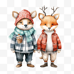 水彩圣诞节和冬季狐狸熊猫鹿熊冬