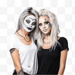狂欢主题图片_两个女性朋友穿着可怕的妆容和带