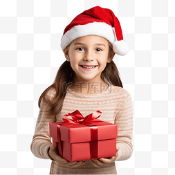 戴着红色圣诞帽的小女孩拿着礼物