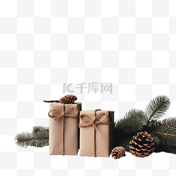 圣诞节松树枝图片_有松树枝和锥体的圣诞礼品盒
