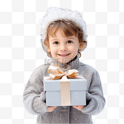 冬天户外玩耍图片_冬天户外快乐的孩子拿着礼盒