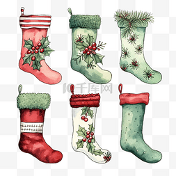 手绘季节性元素的圣诞袜系列