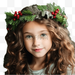 小女孩装饰着冷杉和松树枝的圣诞