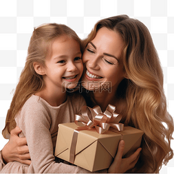 快乐漂亮的女孩抱着礼品盒拥抱母