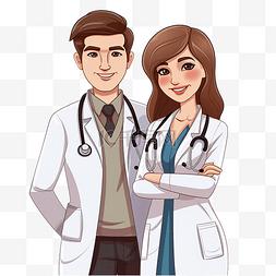 年轻快乐的医生夫妇卡通平面风格