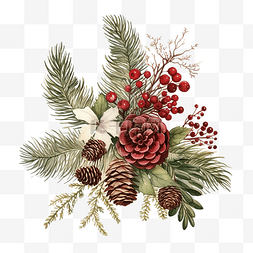 圣诞花卉小插图与冷杉树球果和树