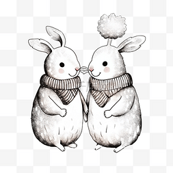 几只兔子在爪子和雪中爱着心
