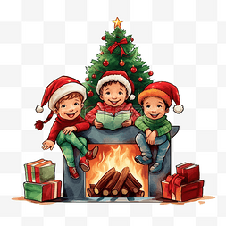 圣诞节壁炉旁快乐的孩子们