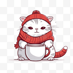 行情图片_猫喝大杯咖啡和圣诞节矢量轮廓图