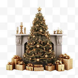 壁炉烟囱图片_烟囱和装饰有礼物的圣诞树的图像