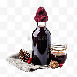 装有圣诞帽的瓶子里的热酒，深色