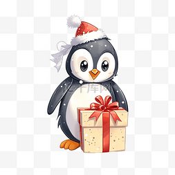 卡通可爱企鹅与礼品盒圣诞快乐插