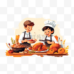 秋季海报背景图片_小厨师准备感恩节晚餐平面矢量图
