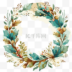 圣诞冬青树叶图片_冬青和树叶的水彩花环 向量