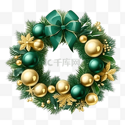 圣诞快乐花环图片_圣诞花环装饰绿色松叶与金球