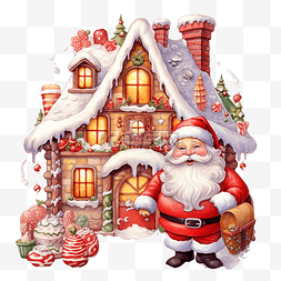 快乐圣诞贺卡与圣诞老人和糖果屋
