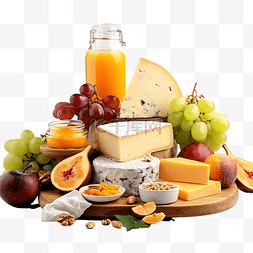 灰桌上的各种奶酪和水果