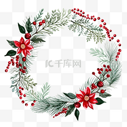 手绘冬青树图片_圣诞花圆框，有枞树和冬青树