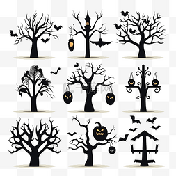 樹平面圖图片_万圣节可怕树木的黑色剪影设置平