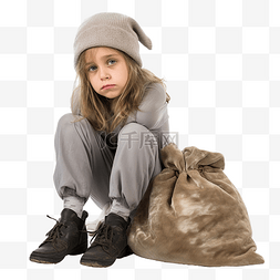 生病的小孩子图片_戴着帽子和圣诞袋的小女孩，表情