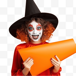 穿着万圣节服装的小丑女孩用橙色