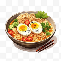 拉面加鸡蛋日本面条食品彩色插画